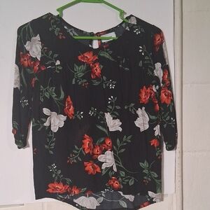 Old Navy Floral Black Blouse with Red and White Accents